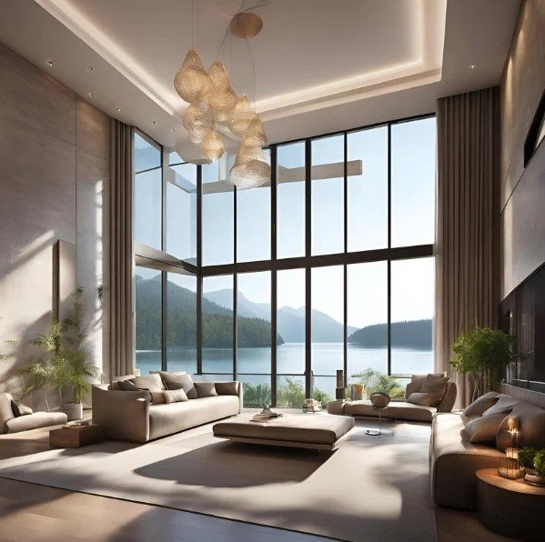 Salon d'appartement avec grande baie vitrée